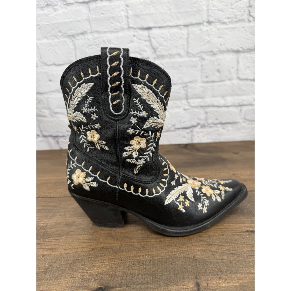 Dingo Primrose Women's 7 Black Leather Floral Embroidered Western Booties - Picture 12 of 13